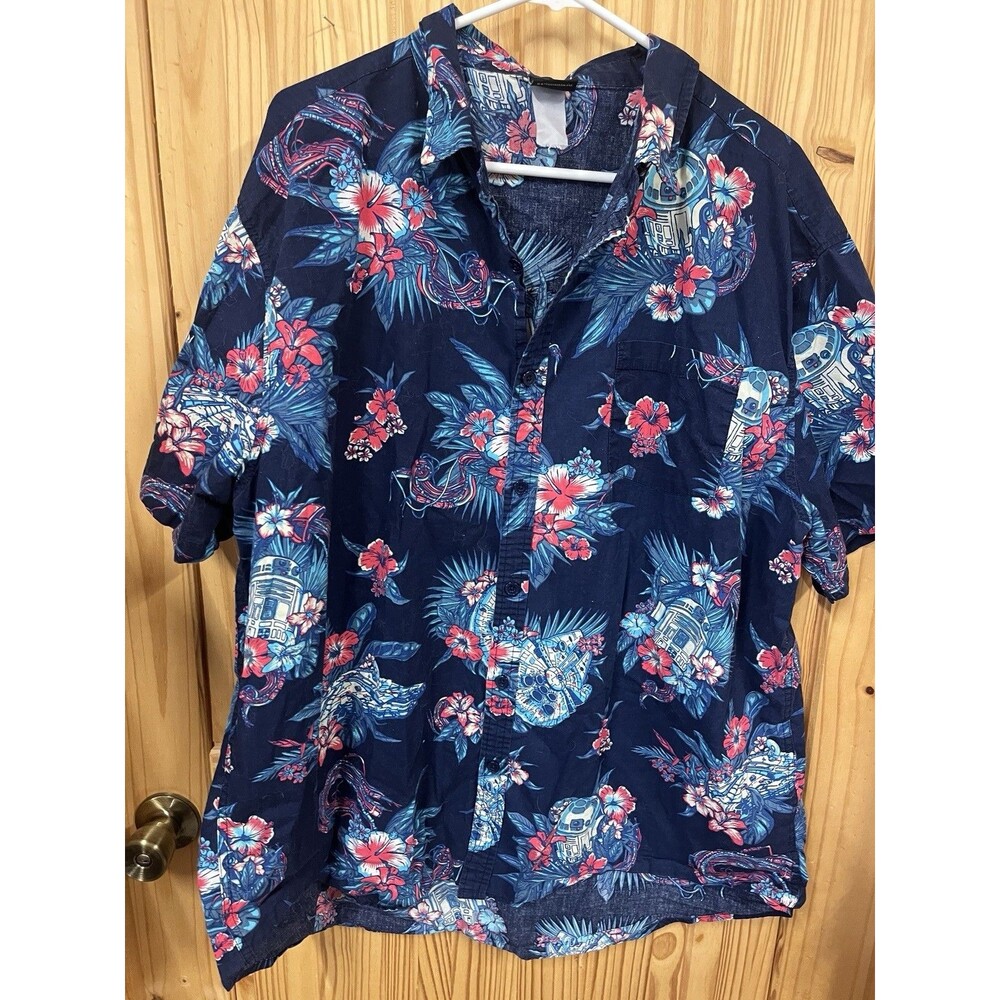 Star Wars Hawaiian Floral Print Button Up Shirt Men XXL R2D2 Navy Cotton